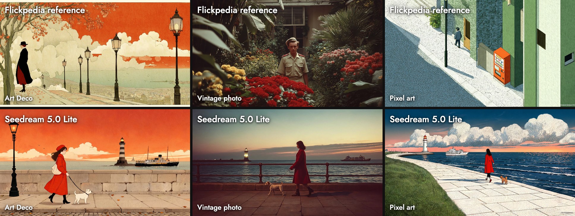 Top row: the three Flickpedia style references, an orange sky with lamp posts, a faded 1970s garden photograph, and a stippled street scene. Bottom row: Seedream 5.0 Lite's seaside promenade in each style