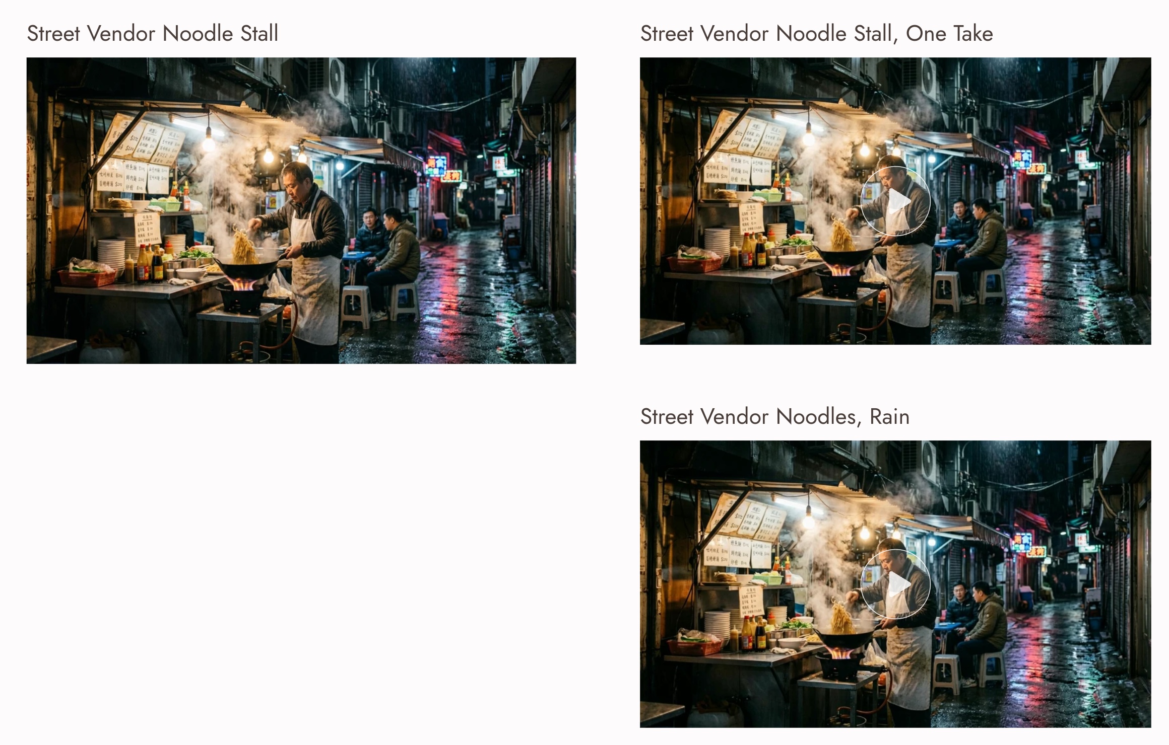 A Flick canvas with a still of a noodle vendor cooking in a rainy night alley and two Wan 3.0 video nodes made from it: a 15 second one-take attempt and a 5 second fixed-camera clip