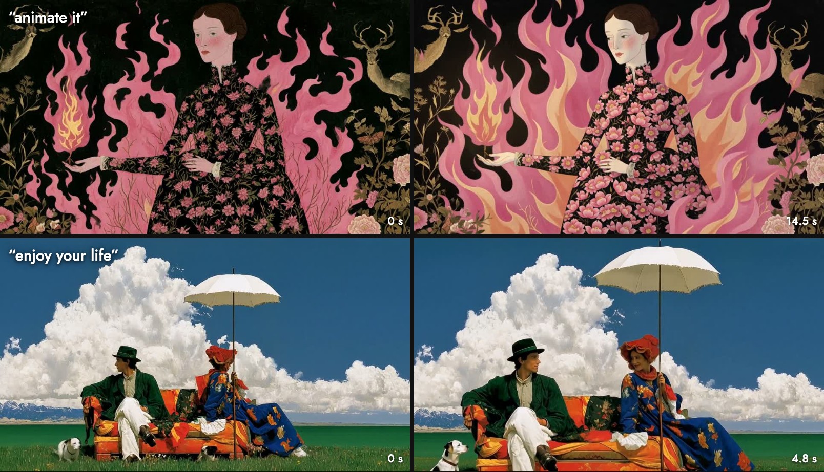 First and last frames of the two vague-prompt clips: the flame portrait and the sofa scene look almost identical at the start and end