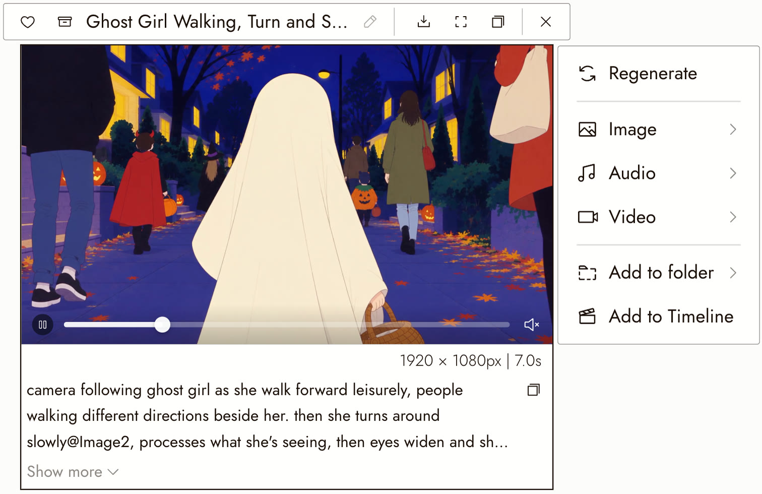 The finished 1080p render on the canvas, 1920 by 1080 pixels and 7 seconds long, still carrying the draft's prompt about the ghost girl walking forward and turning around