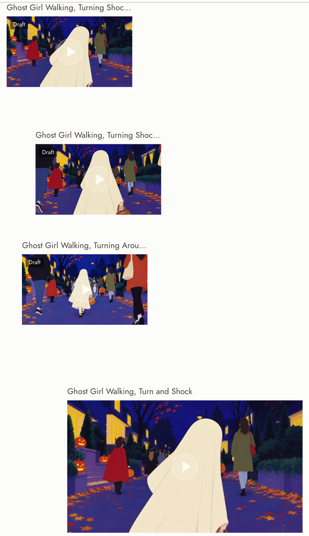 A Flick canvas with three 480p Seedance 2.5 drafts tagged Draft, each showing a child in a ghost costume walking down a Halloween street at night, above the larger 1080p render of the first take