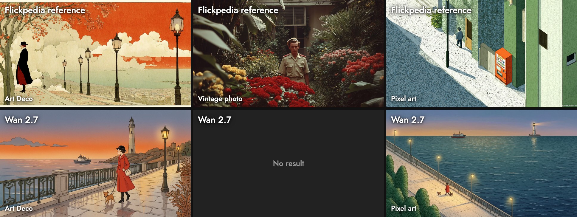 Top row: the three Flickpedia style references. Bottom row: Wan 2.7's promenade as a warm illustration with a woman in a cloche hat beside a lamp post and potted plants, an empty cell where the vintage run is missing, and a high-angle stippled view with a tiny figure on a lamp-lit promenade