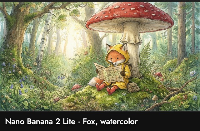Nano Banana 2 Lite's watercolor: a fox in a yellow raincoat and red boots sits under a huge red mushroom, reading a hand-drawn map, with a backpack, bluebells and birch trees around it