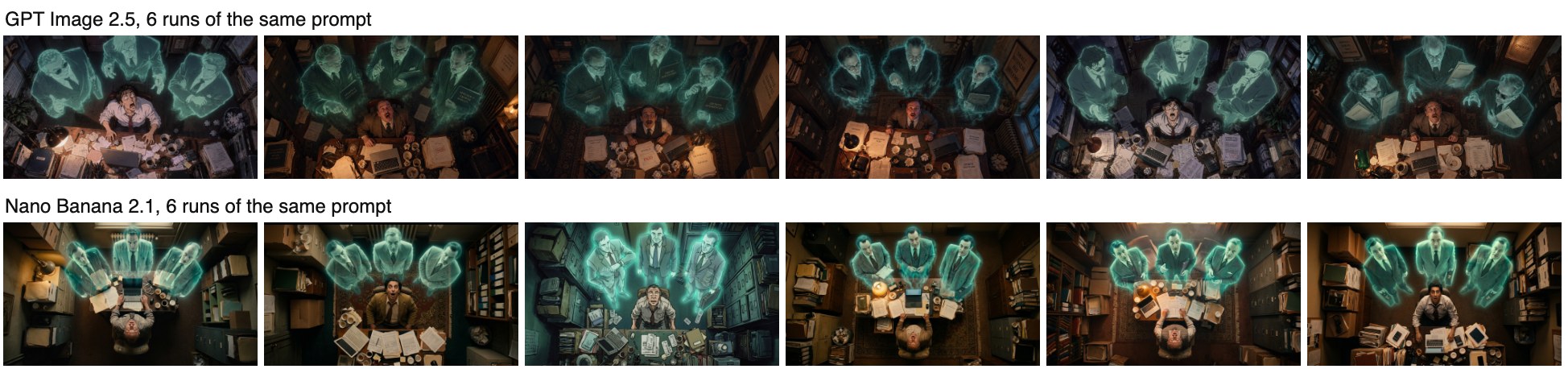 Two rows of six images: GPT Image 2.5's six runs all place the shocked man at the bottom centre under three glowing suited ghosts; Nano Banana 2.1's six runs vary the layout, line the ghosts up symmetrically and in one case switch to an illustrated style