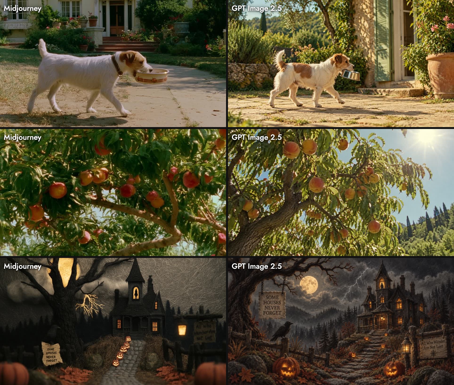 Midjourney and GPT Image 2.5 side by side on three prompts: a small dog carrying a bowl past a house in golden light, a low-angle peach tree in summer sun, and a haunted mansion at night with pumpkins and signs