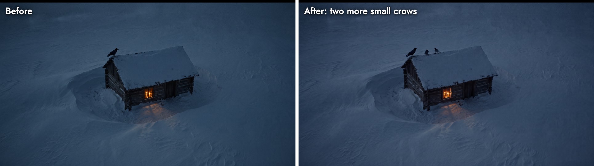 Before and after: a snow-covered log cabin at night with a lit window and one crow on the roof, and the same frame with two more small crows beside it