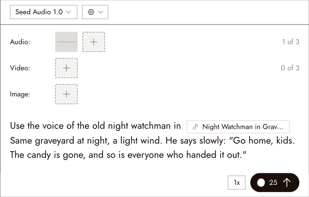 The Seed Audio panel with one audio reference attached, shown as 1 of 3, and a prompt reading: Use the voice of the old night watchman in, followed by a chip for the Night Watchman in Graveyard clip, then the new line in quotes
