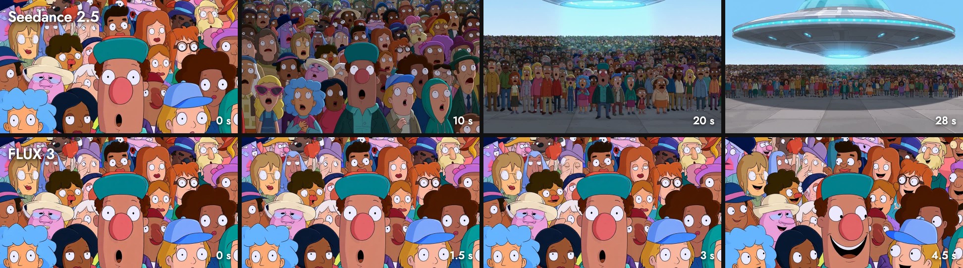 Four frames from each clip: Seedance 2.5 pulls back from the crowd at 0 and 10 seconds to a huge crowd at 20 and a flying saucer overhead at 28; FLUX 3 holds the same close crowd at 0, 1.5 and 3 seconds, with faces grinning at 4.5