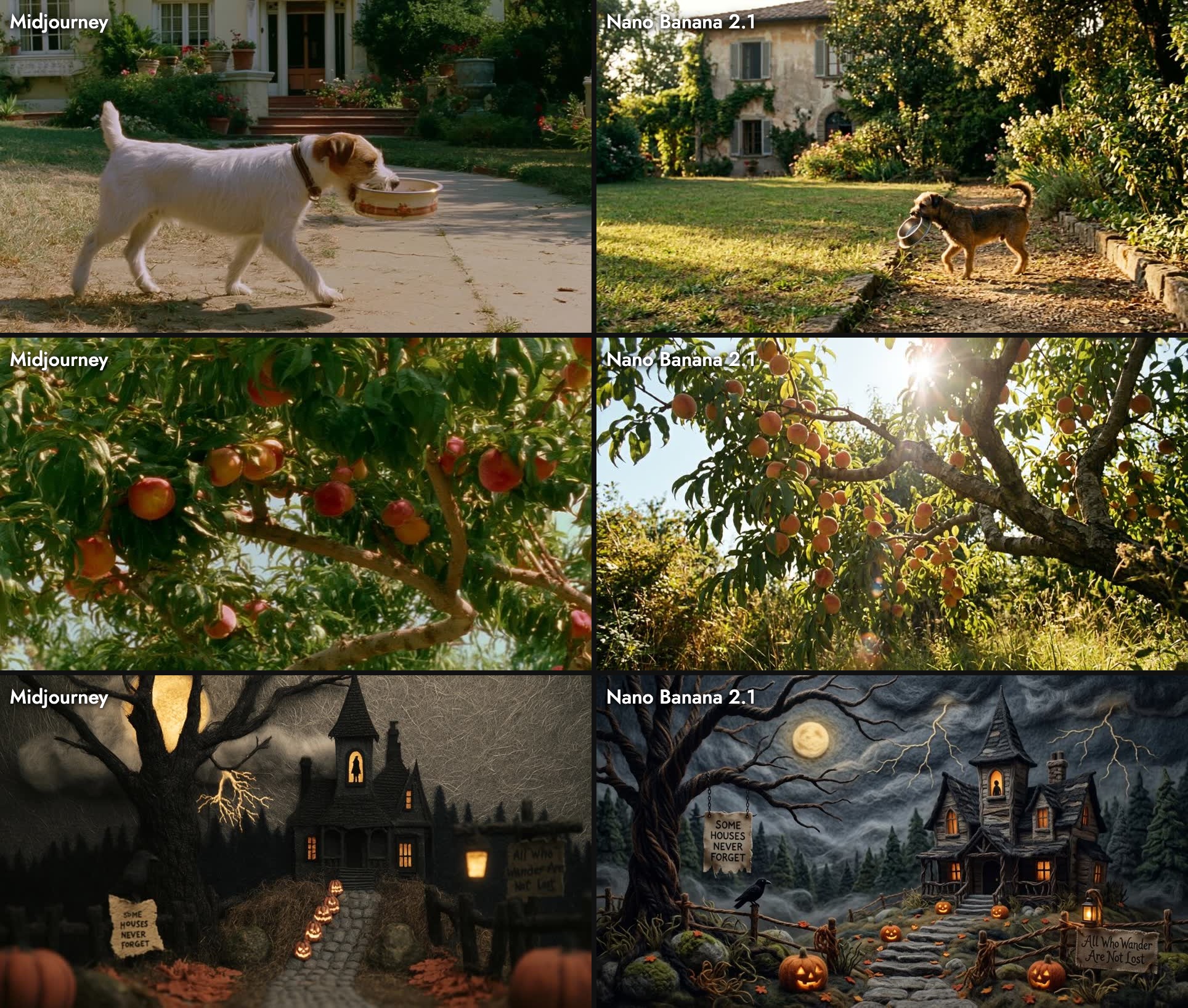 Midjourney and Nano Banana 2.1 side by side on three prompts: a small dog carrying a bowl, a peach tree in summer sun, and a haunted mansion at night with pumpkins and signs