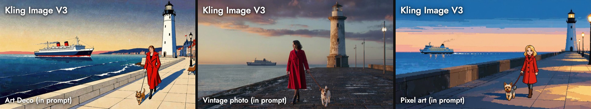 Kling Image V3's seaside promenade for three written-in styles: a graphic travel-poster illustration with an ocean liner and a white lighthouse, a natural dusk photograph, and pixel art with a blonde woman and a small terrier
