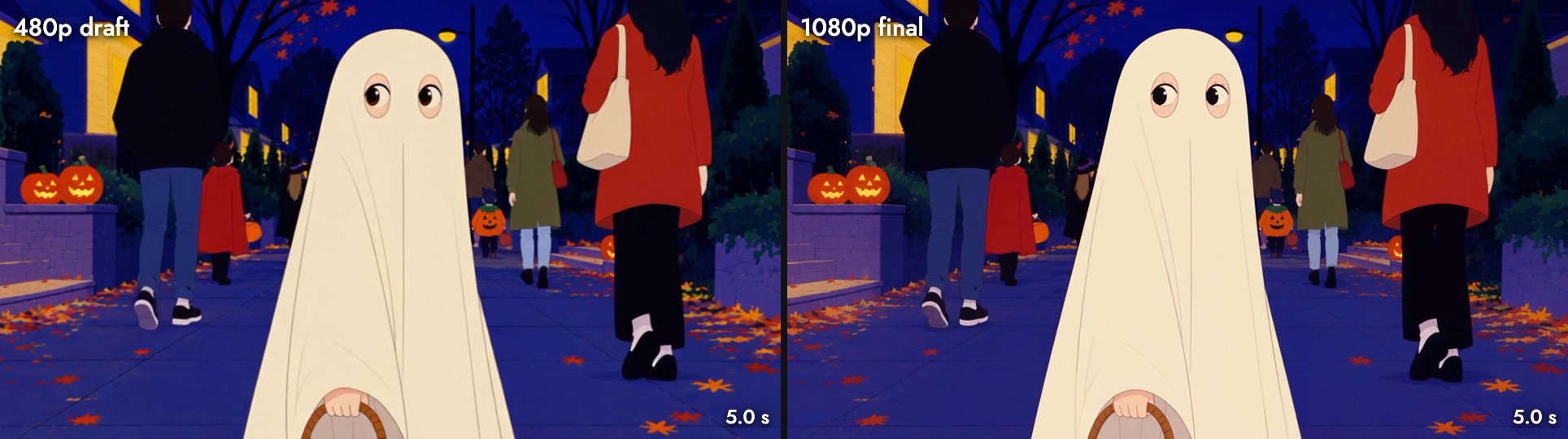 The same frame 5 seconds into take 1, from the 480p draft and the 1080p final side by side: the ghost faces the camera wide-eyed among the same passers-by, with identical framing and positions