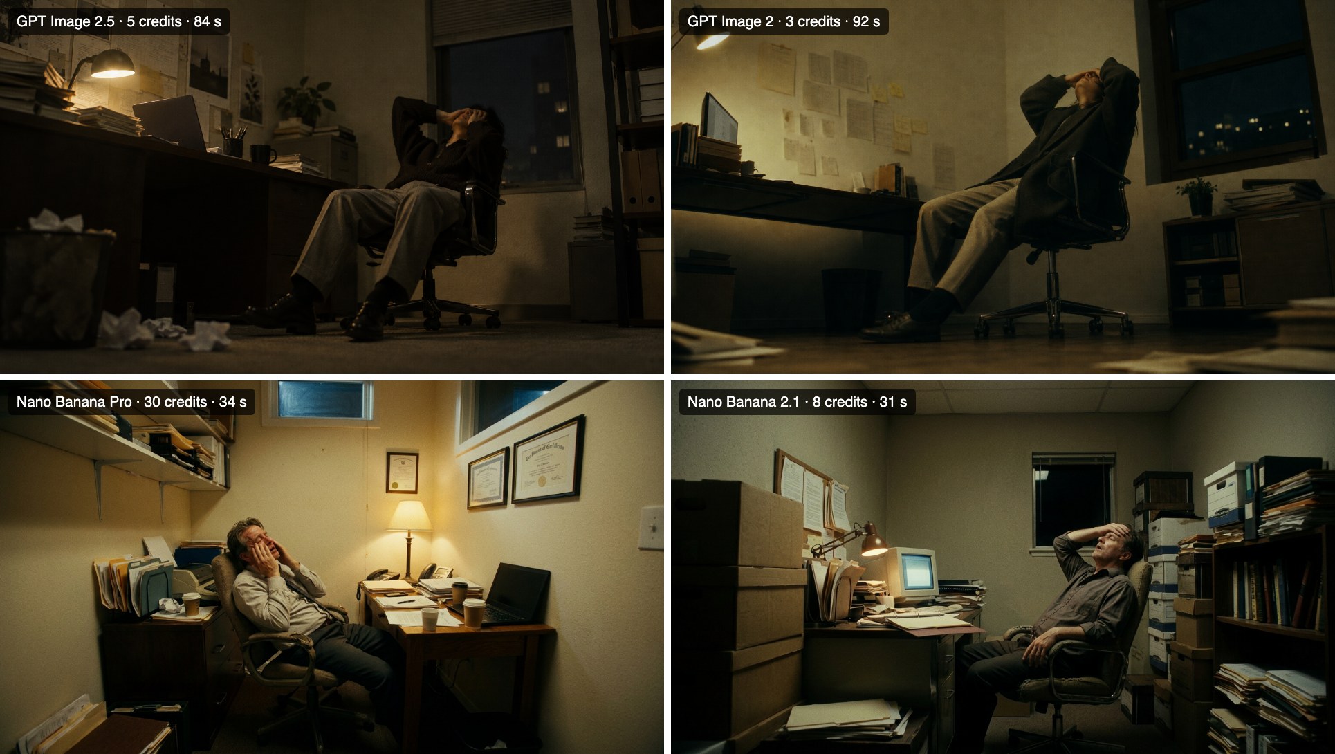 Four versions of a frustrated man leaning back in an office chair at night: GPT Image 2.5 and GPT Image 2 shot from a low angle in a dark office, Nano Banana Pro and Nano Banana 2.1 framed at eye level in brighter rooms