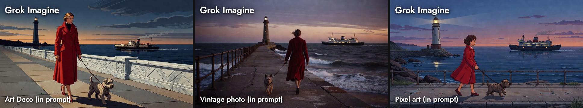 Grok Imagine's seaside promenade for three written-in styles: a graphic illustration with a chevron-patterned balustrade and a steamer, a dark moody photograph from behind with waves breaking, and a painted dusk scene with only a faint pixel texture