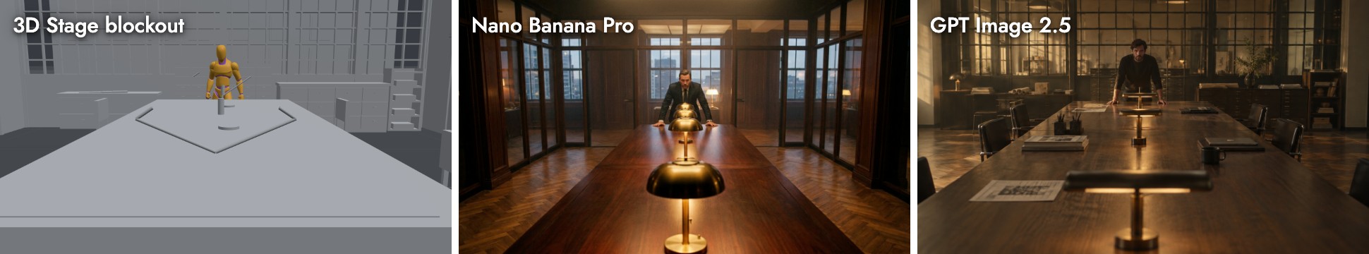 A gray 3D Stage blockout of a long table with a mannequin at the far end, Nano Banana Pro's wood-panelled room with brass lamps lined down the table and the man where the mannequin stood, and GPT Image 2.5's wider daylit office