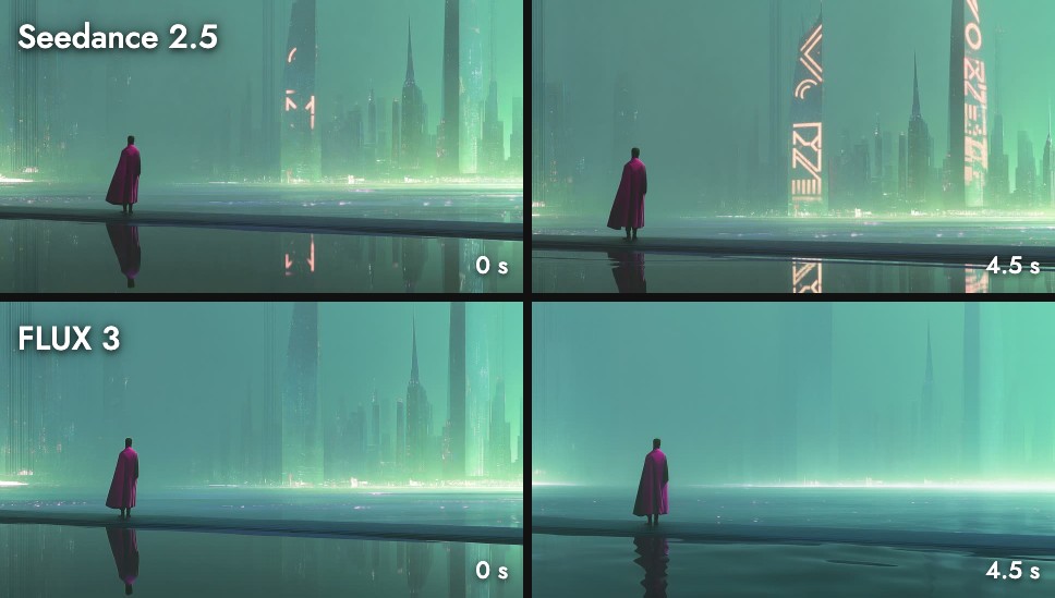 First and last frames of each clip: Seedance 2.5 adds glowing symbols on the towers; FLUX 3 keeps the city and the figure nearly unchanged
