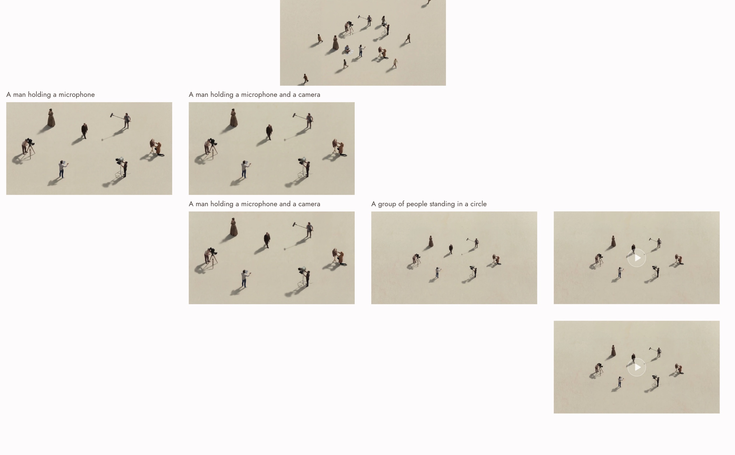 A Flick canvas showing six Nano Banana Pro aerial stills of a film crew in a pale desert, each a revision of the last, ending in two Kling O3 Pro video nodes on the right