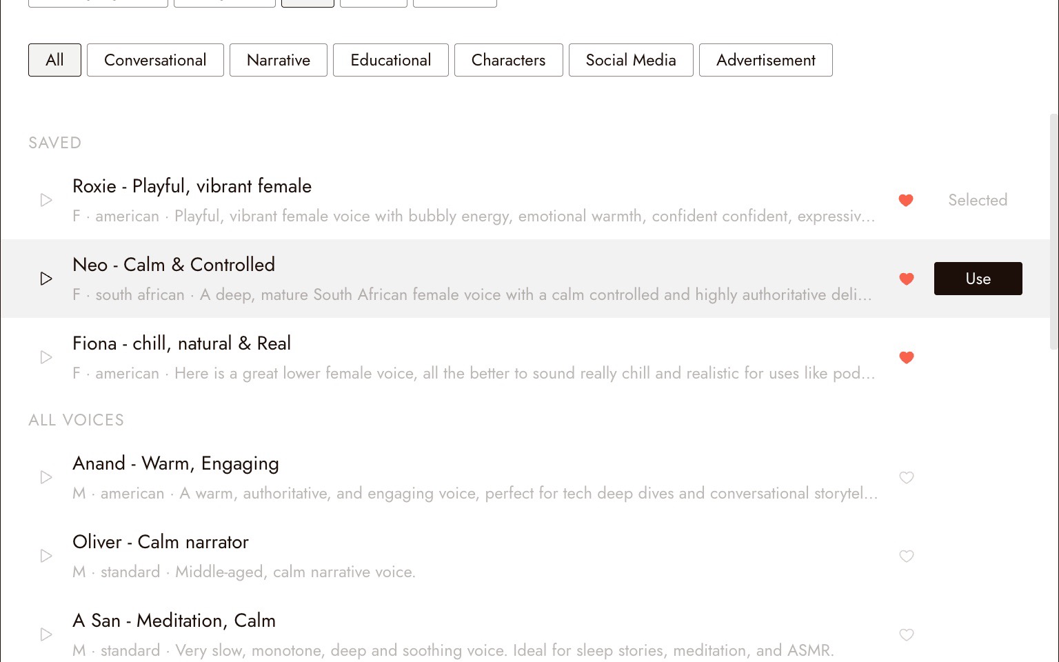 The Select Voice dialog with a search box, language, age and gender filters, use-case chips, and saved voices Roxie, Neo and Fiona, with a Use button on the hovered Neo row