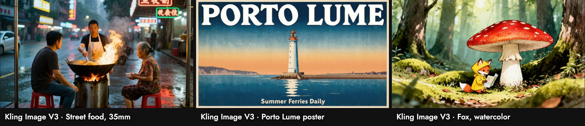 Kling Image V3 on three test prompts: a cook at a flaming wok with two customers on plastic stools in the rain, a Porto Lume poster with a bold white title, and a small fox in a yellow raincoat under a red mushroom
