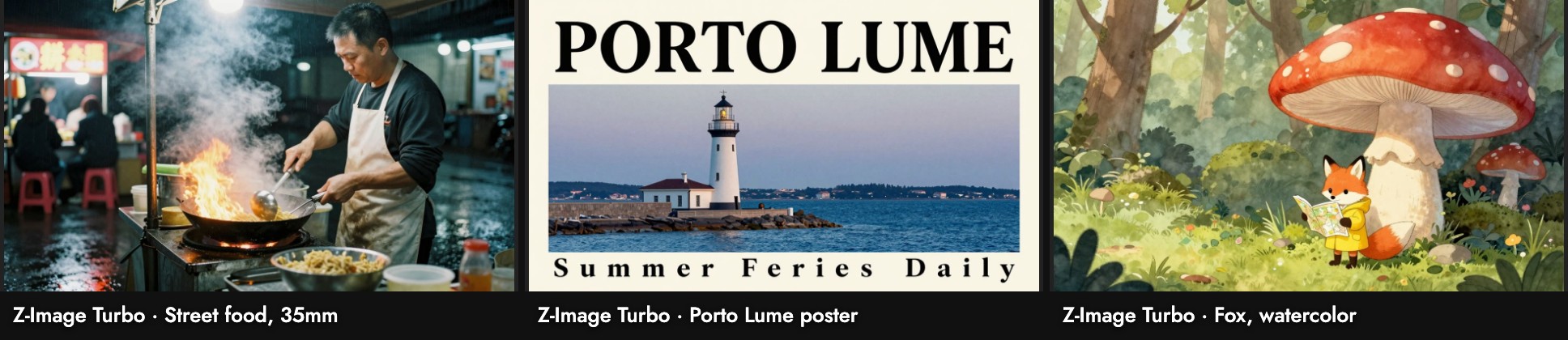 Z-Image Turbo on three test prompts: a close-up of a cook at a flaming wok, a Porto Lume poster whose bottom line reads Summer Feries Daily, and a small fox in a raincoat under a red mushroom in watercolor