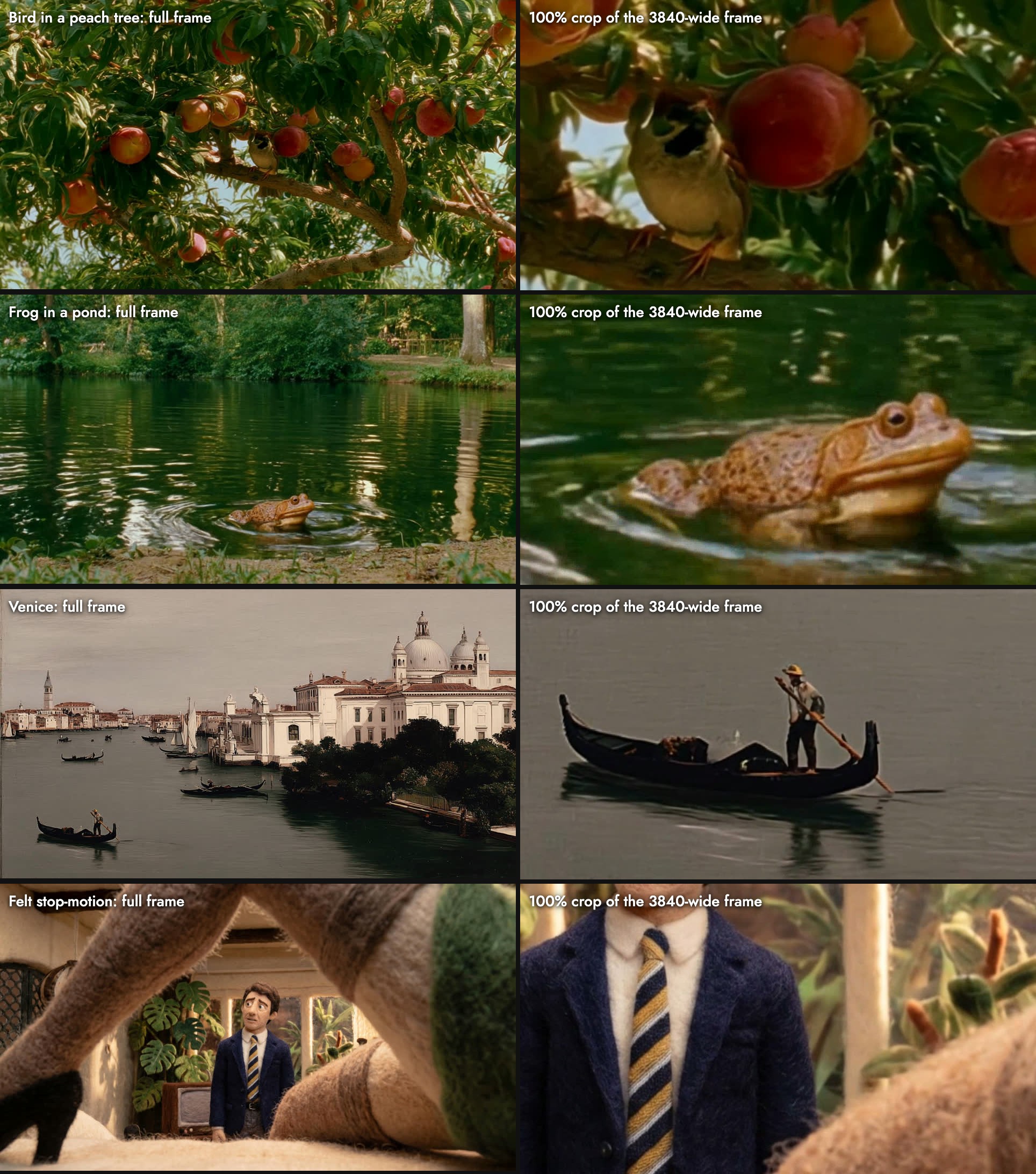 Each of the four clips as a full frame beside a 100% crop of the 3840-wide frame: the bird and frog crops are soft, while the gondolier and the felt figure's tie and blazer weave hold sharp detail