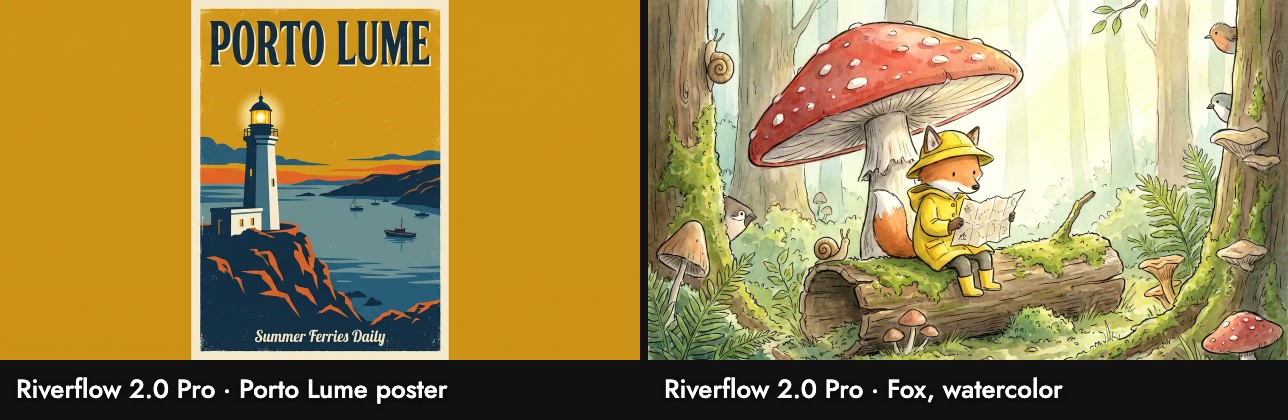 Riverflow 2.0 Pro on two test prompts: a portrait-format Porto Lume poster on a mustard background with a lighthouse on red cliffs, and a fox in a yellow raincoat reading a map on a mossy log under a red mushroom with snails and birds