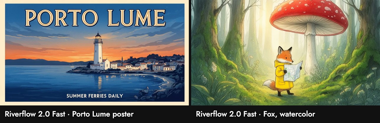 Riverflow 2.0 Fast on two test prompts: a landscape Porto Lume poster with a gold serif title over a lit bay and the tagline in capitals, and a fox in a yellow raincoat standing in a forest clearing holding a map under a red mushroom
