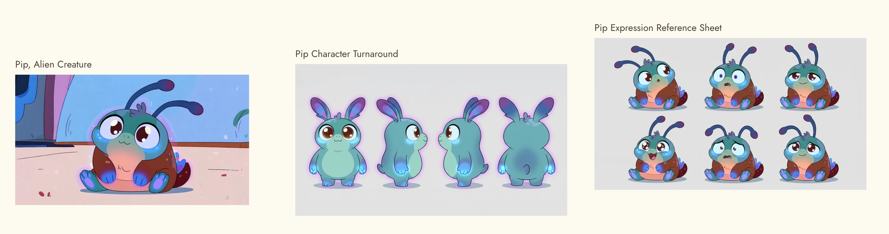 The Flick canvas with Pip's source image, his turnaround sheet and his expression sheet side by side; the turnaround shows a teal creature with rabbit ears, while the source and expression sheet show a brown-bellied creature with antennae