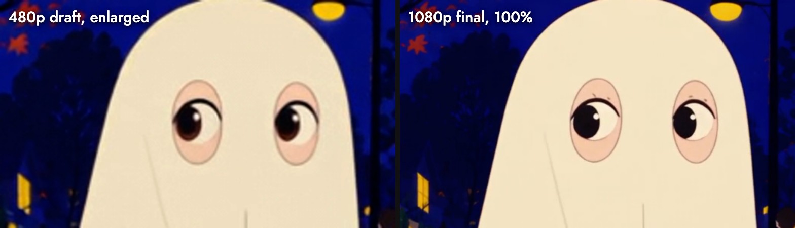 A close crop of the ghost's eyes from the draft, enlarged, and the final at 100%: same shape and gaze, but the draft's brown pupils turn black in the final and small lash marks appear above the eyes