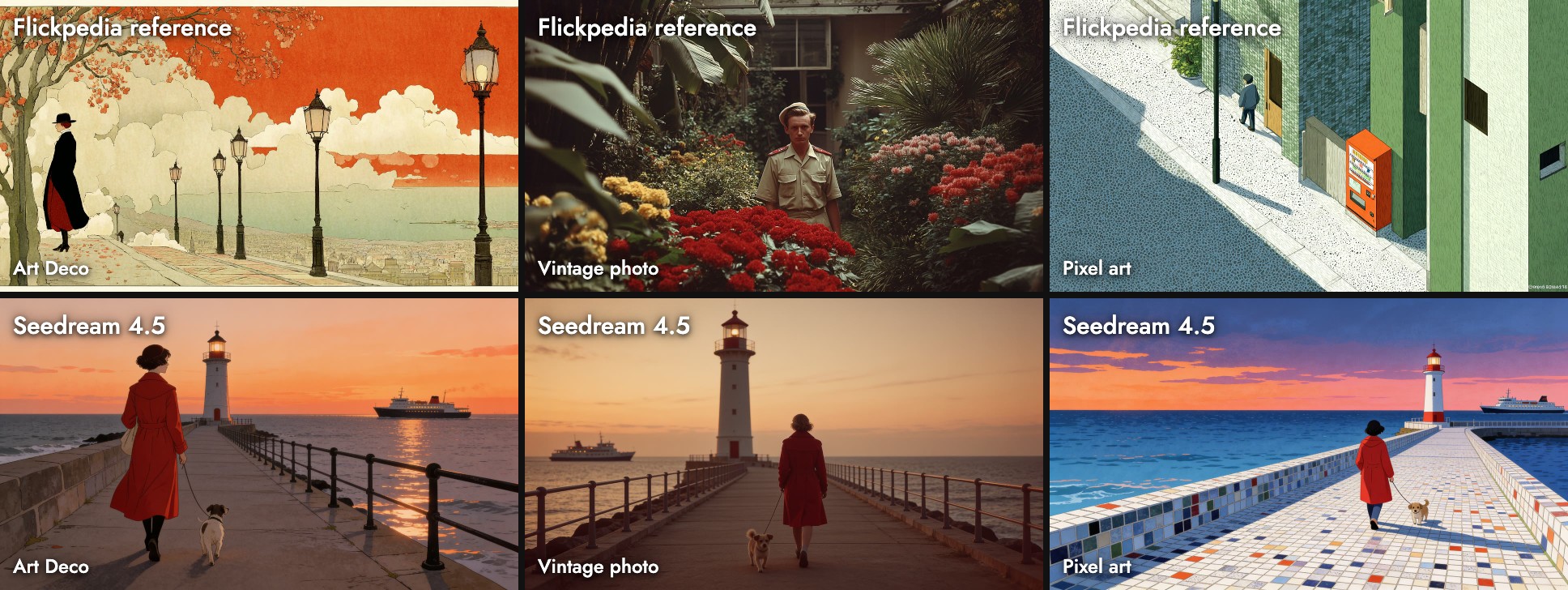 Top row: the three Flickpedia style references. Bottom row: Seedream 4.5's promenade as a painted orange sunset, a warm dusk photograph on a pier, and a pier tiled in a colored mosaic