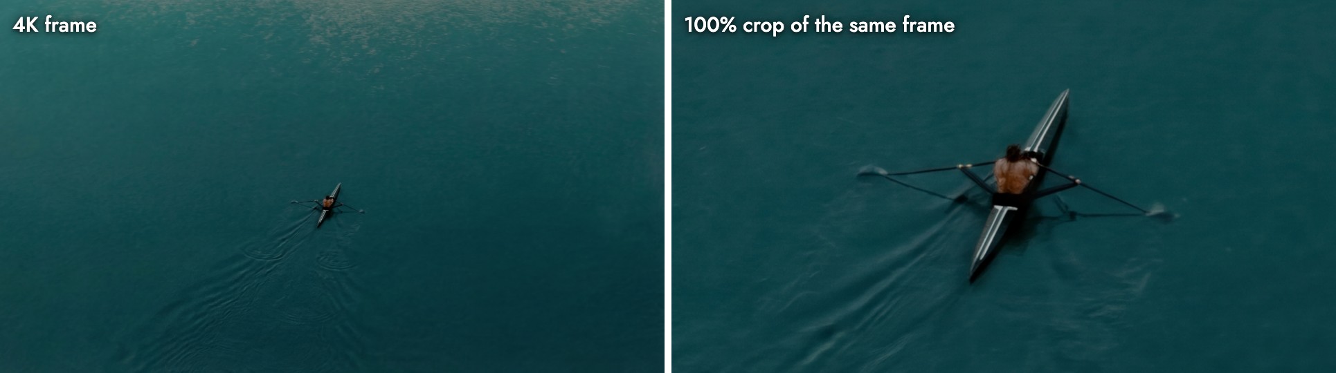 A 4K aerial of a rower on teal water next to a 100 percent crop of the same frame showing the rower, the oars and the wake in clear detail