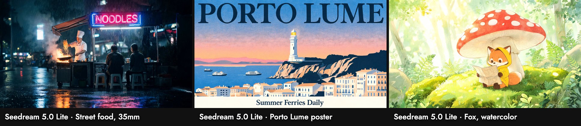 Seedream 5.0 Lite on three test prompts: a noodle stall in the rain under a clean neon NOODLES sign, a Porto Lume travel poster with a lighthouse on a cliff above a white town, and a fox in a yellow raincoat under a red mushroom in watercolor