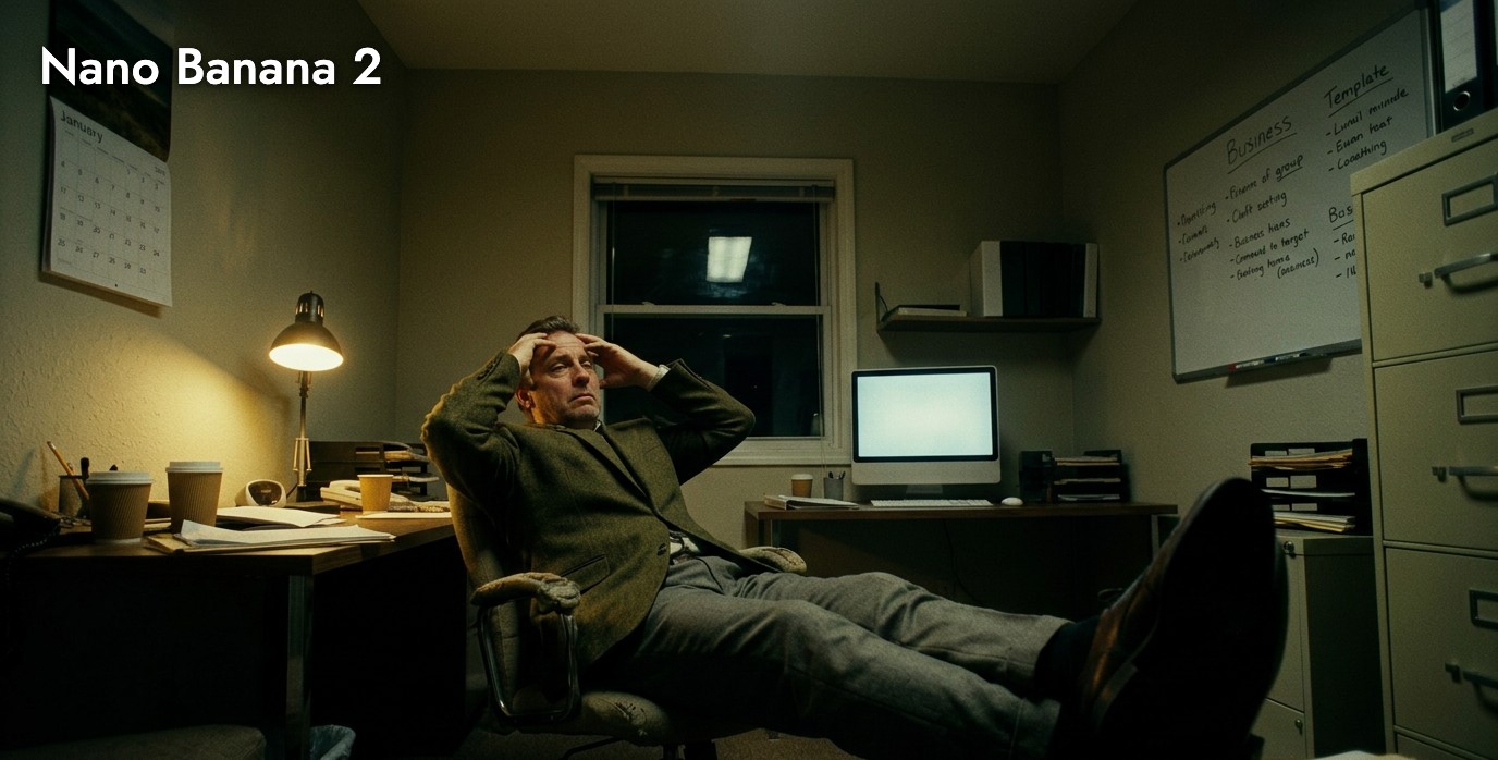 Nano Banana 2's version of the prompt: a low camera looking up at a man leaning back in his office chair with his hands on his head and his shoes toward the lens, a desk lamp, a monitor and a whiteboard of scribbled text in a dim office