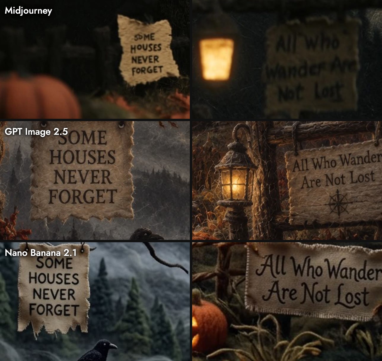 Close-ups of the two signs from each model: Midjourney's lettering is small, rough and blurred on the second sign; GPT Image 2.5 and Nano Banana 2.1 render both signs cleanly