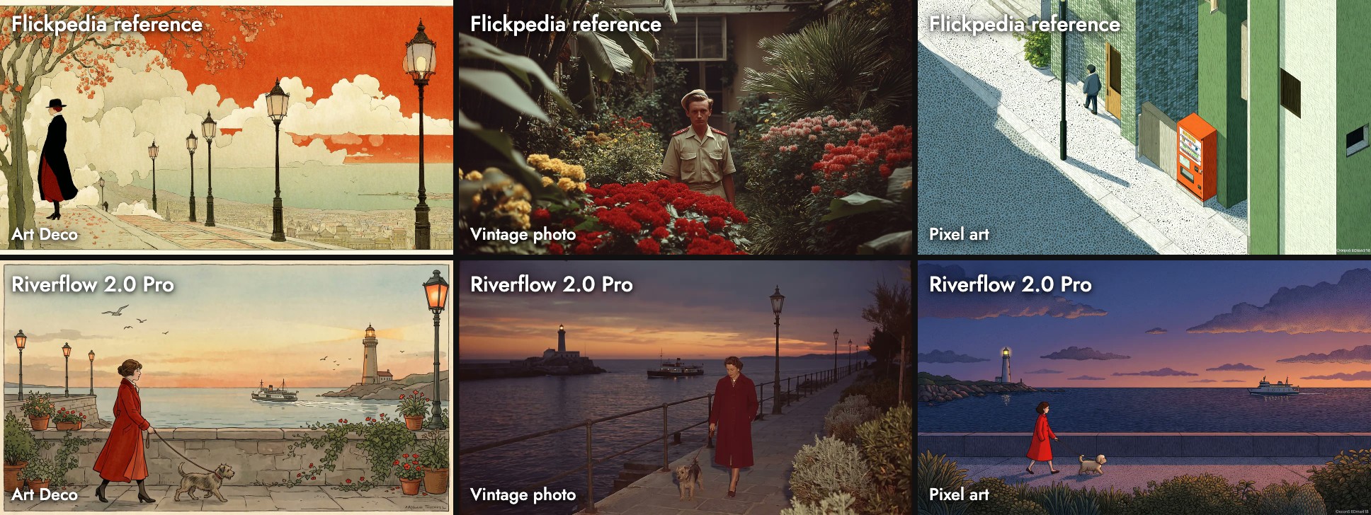 Top row: the three Flickpedia style references. Bottom row: Riverflow 2.0 Pro's promenade as an illustrated postcard with a cream border, potted flowers and gulls, a warm dusk photograph by a garden path, and a flat dusk illustration with a small figure