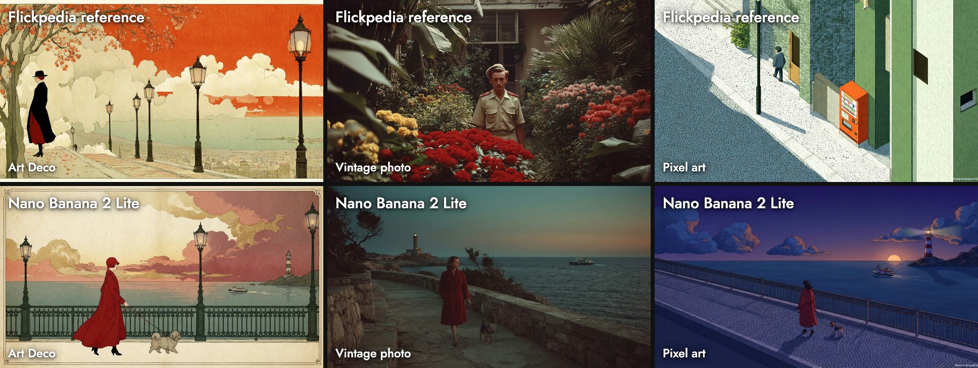 Top row: the three Flickpedia style references. Bottom row: Nano Banana 2 Lite's promenade as a cream-bordered poster with lamp posts and pink-gold clouds, a teal dusk photograph on a rocky path, and a night illustration with dithered clouds over a lighthouse