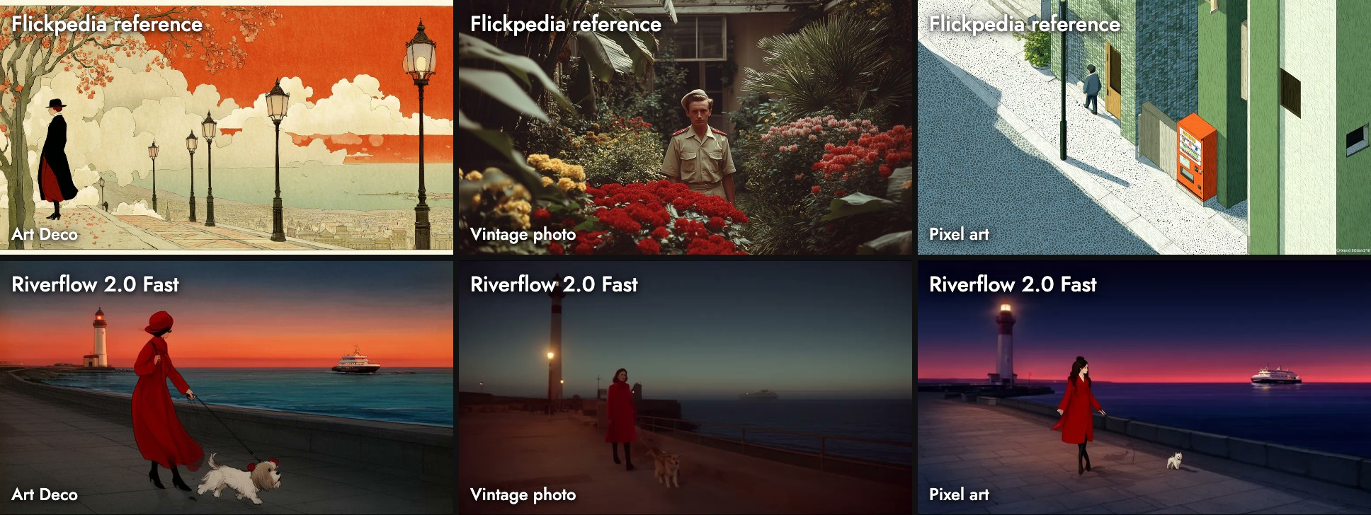 Top row: the three Flickpedia style references. Bottom row: Riverflow 2.0 Fast's promenade as a flat graphic with a red sky and a woman in a red cloche hat, a dark low-light photograph, and a dusk illustration with a small figure and a white dog