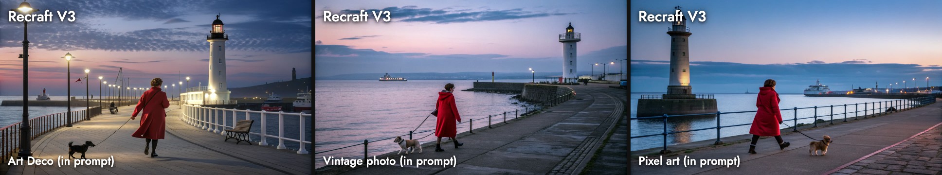 Recraft V3's seaside promenade for three written-in styles: a painterly but realistic dusk scene with lamp posts, a natural dusk photograph, and another photographic scene with no pixel art at all