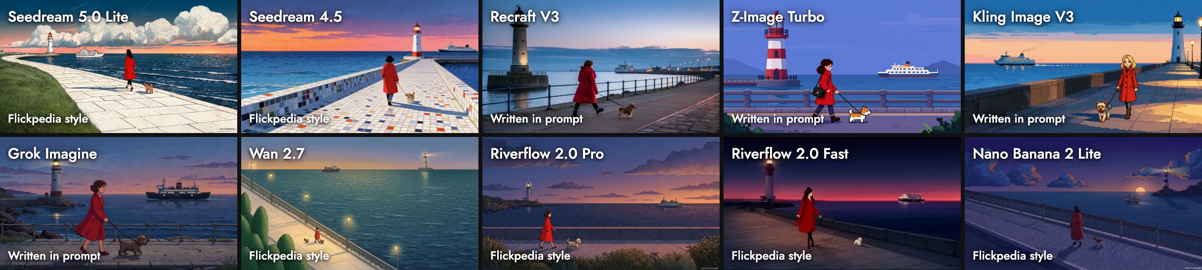 The pixel-art prompt on ten models. Z-Image Turbo and Kling Image V3 drew stepped pixel art from a written prompt; the six models using the Flickpedia Pixel Art Animation Style drew stippled flat illustrations like that style's reference images