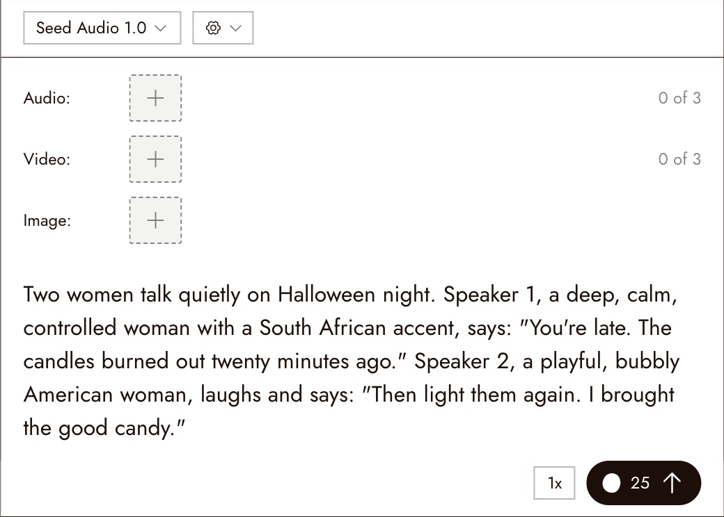 The Seed Audio 1.0 panel with empty Audio, Video and Image reference slots and a prompt describing two women on Halloween night, a calm South African voice and a playful American voice, with both lines in quotes; the Run button shows 25 credits