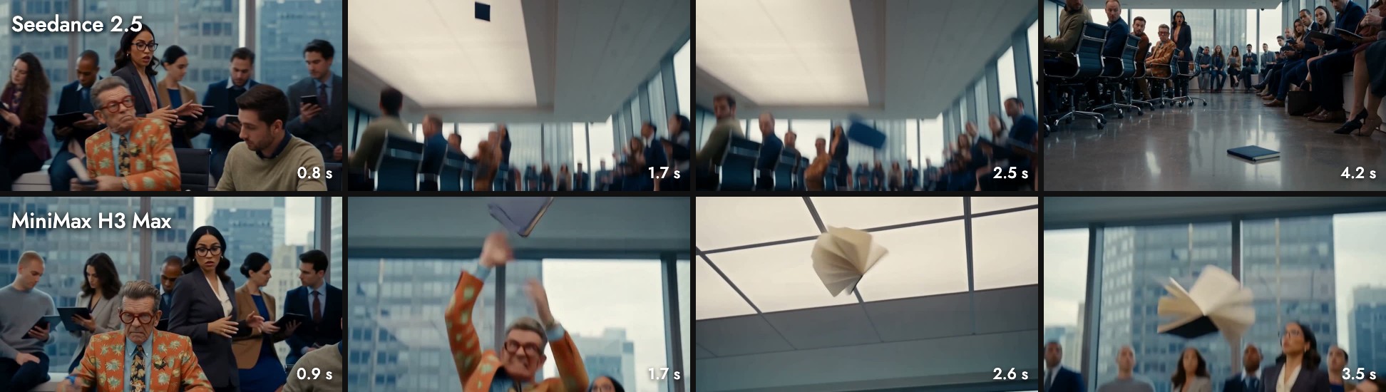 Four frames from each clip: Seedance 2.5 cuts from the man to a low angle of the notebook in the air and a wide room with the notebook on the floor; MiniMax H3 Max cuts from the throw to the notebook flapping open overhead and the colleagues looking up