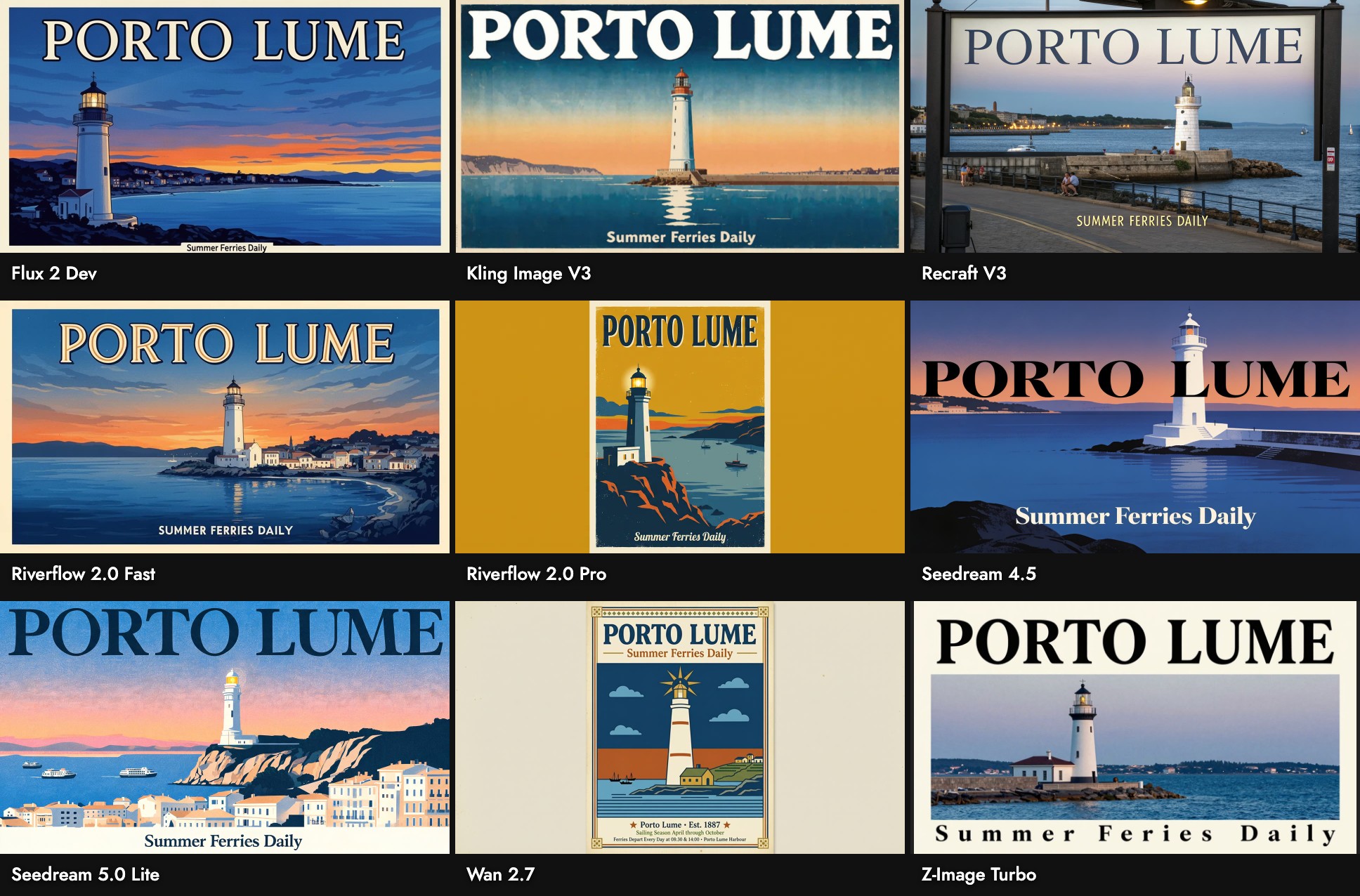 The Porto Lume poster prompt on nine image models: Flux 2 Dev, Kling Image V3, Recraft V3, Riverflow 2.0 Fast, Riverflow 2.0 Pro, Seedream 4.5, Seedream 5.0 Lite, Wan 2.7 and Z-Image Turbo, the only one with a misspelled tagline