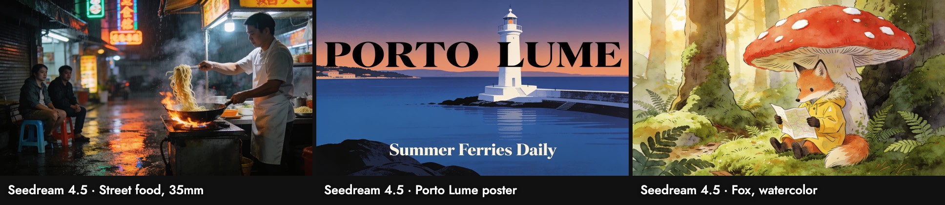 Seedream 4.5 on three test prompts: a cook tossing noodles in a flaming wok under neon signs in the rain, a Porto Lume poster where the lighthouse stands in front of the title, and a fox in a yellow raincoat reading a map under a red mushroom