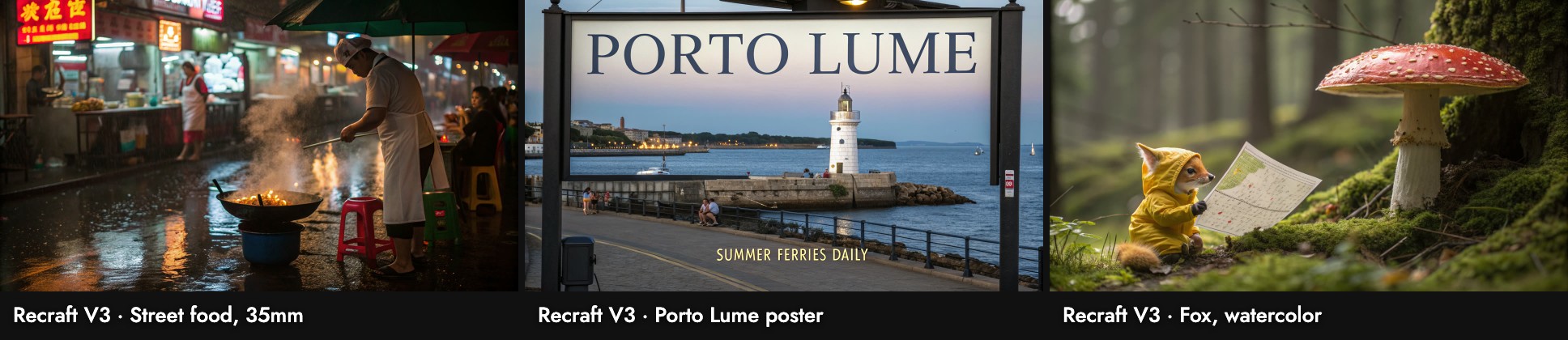 Recraft V3 on three test prompts: a cook at a wok on a rainy street at night, the Porto Lume poster rendered as a real signboard photographed on a seaside promenade, and a photo-real fox in a yellow raincoat beside a map and a red mushroom