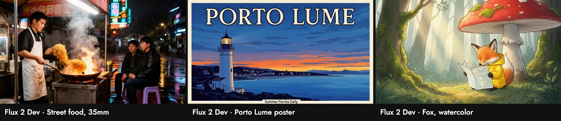 Flux 2 Dev on three test prompts: a cook tossing noodles in a flaming wok with two customers on stools, a Porto Lume poster with a lit lighthouse and a tiny tagline at the very bottom, and a fox in a yellow raincoat reading a map under a red mushroom