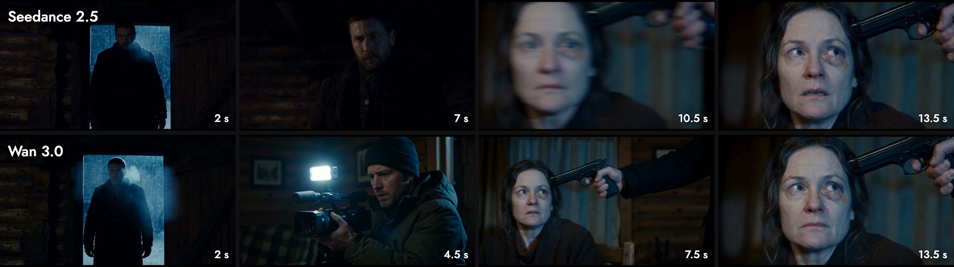 Frames at matching moments: Seedance 2.5 stays on the speaking man and whip-pans to the woman at about 10 seconds; Wan 3.0 cuts at 4.5 seconds to an invented man holding a video camera before reaching the woman