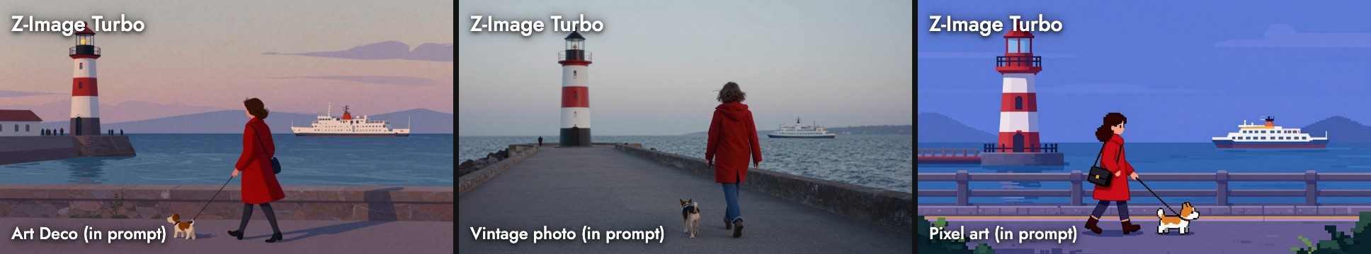 Z-Image Turbo's seaside promenade for three written-in styles: a flat illustration with a red and white lighthouse, a muted dusk photograph, and true pixel art with stepped edges and a corgi