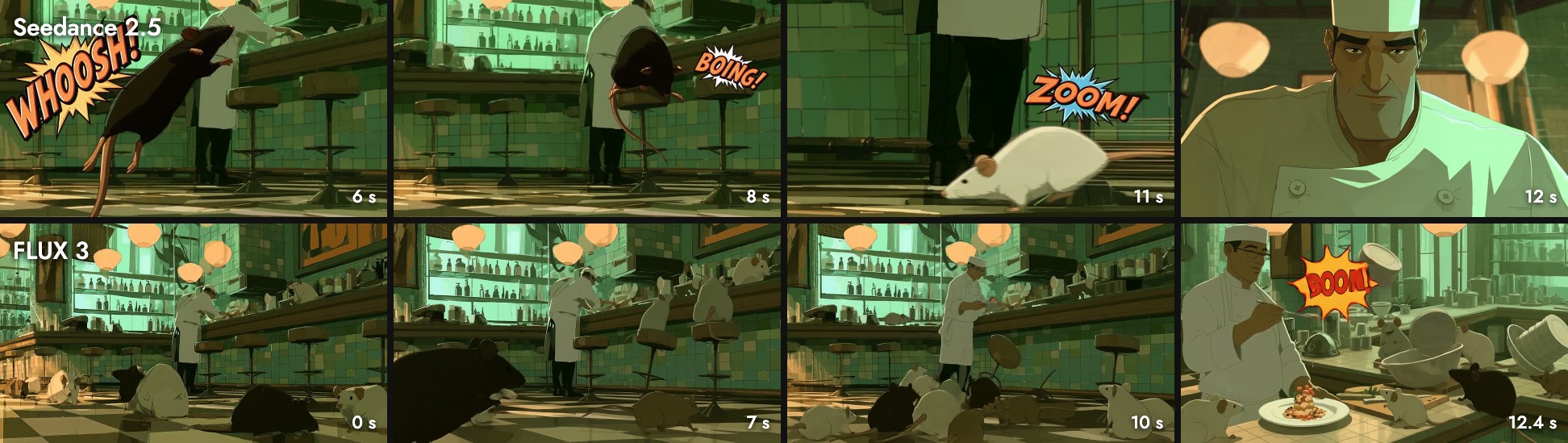 Four frames from each clip: Seedance 2.5 shows WHOOSH at 6 seconds, BOING at 8, ZOOM at 11 and a chef close-up at 12; FLUX 3 holds the wide kitchen at 0, 7 and 10 seconds and shows a BOOM caption beside the chef at 12.4 seconds
