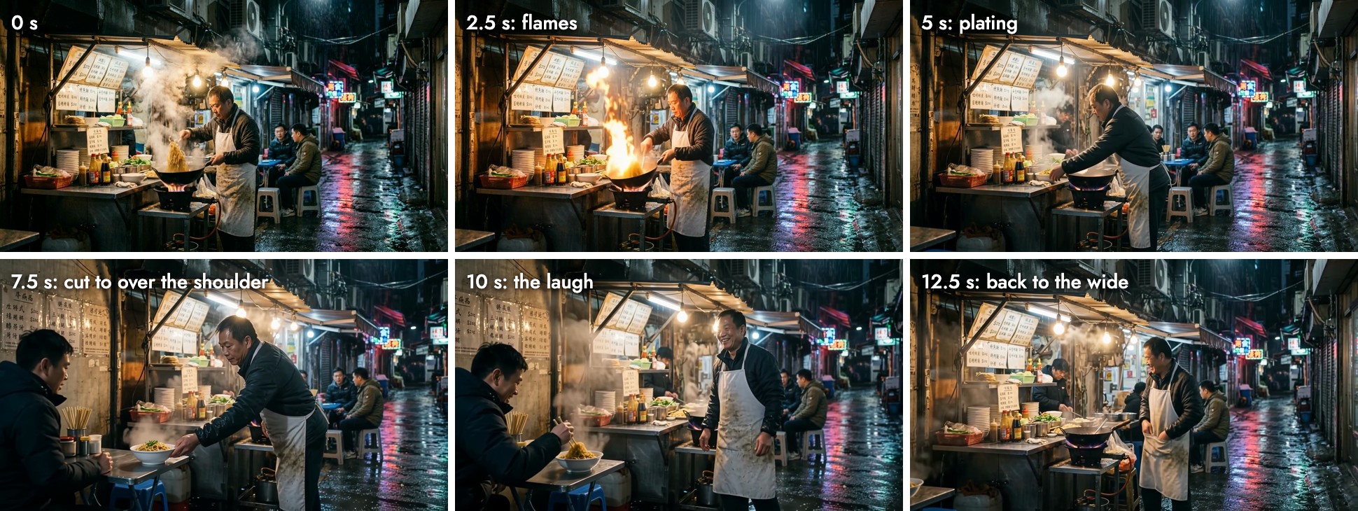 Six frames from the 15 second clip: the opening wide at 0 seconds, flames at 2.5, plating at 5, a cut to an over-the-shoulder shot of a customer at 7.5, the vendor laughing at 10, and back to the wide at 12.5