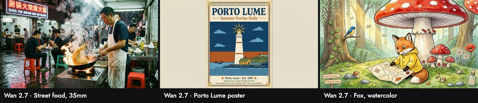 Wan 2.7 on three test prompts: a crowded noodle stall with signs in garbled Chinese and English, a portrait-format Porto Lume poster with extra small print, and a fox reading a map beside a signpost under a red mushroom