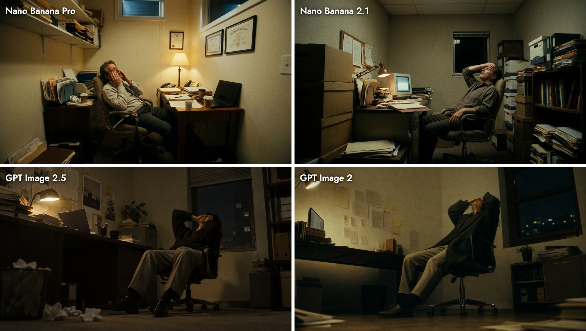 Four versions of a frustrated man leaning back in an office chair: Nano Banana Pro's warm, well-decorated office at eye level, Nano Banana 2.1's plainer office, and GPT Image 2.5 and GPT Image 2 shot from a low angle in the dark